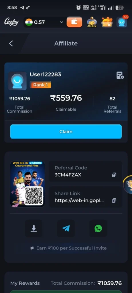GoPlay app refer and earn screen showing referral code and sharing options
