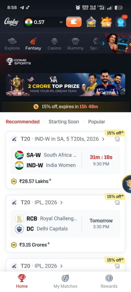 GoPlay app homepage showing download button and IPL 2026 cricket fantasy contests