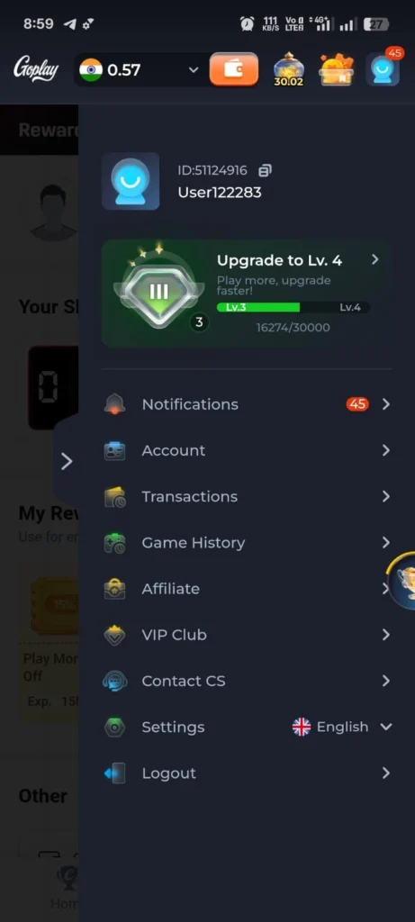 GoPlay app main dashboard showing cricket matches, contests and wallet balance