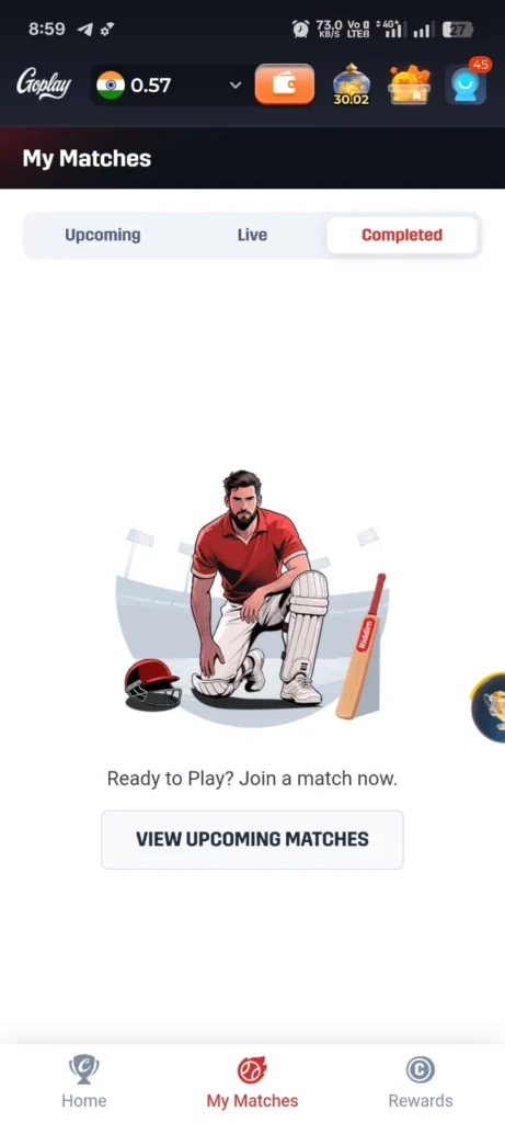GoPlay app IPL 2026 match list showing upcoming cricket matches for fantasy team creation